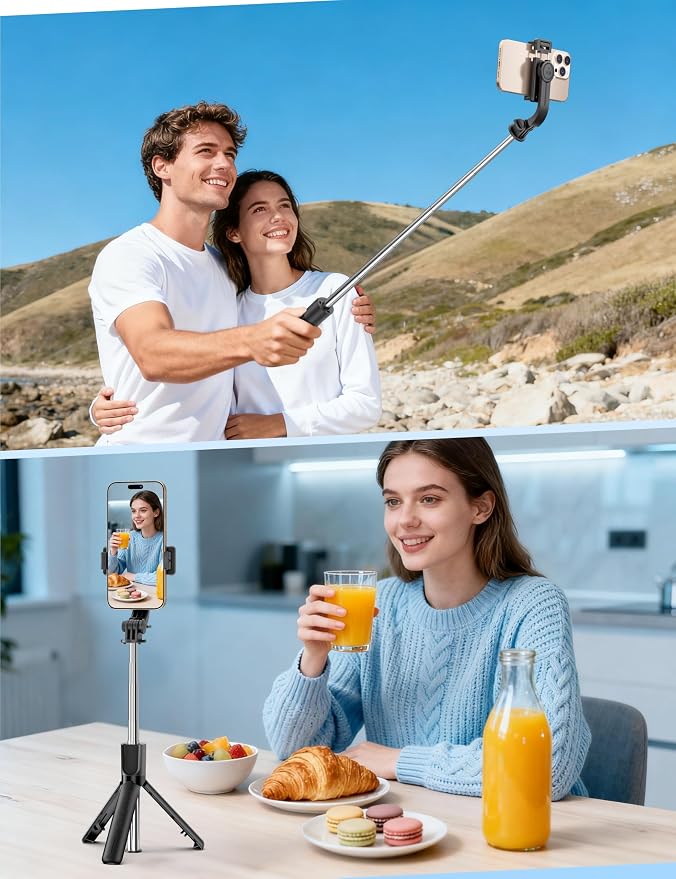 Mini Selfie Stick Travel Tripod for Cell Phone with Light, Extendable Selfie Stick for iPhone with Detachable Remote, iPhone Tripod for Video Recording, Photograph, Compatible with Cellphones