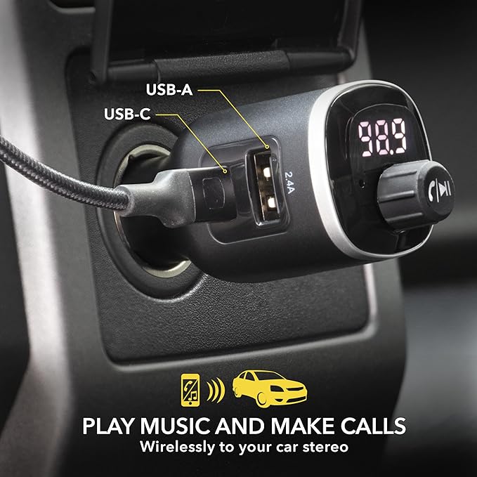 Scosche BTFM8 Bluetooth FM Transmitter Car, Dual 12W USB-C and USB-A Charging Ports, Fast Type-C Car Charger, Wireless Radio Bluetooth Adapter, Hands-Free Kit for Calls, Siri and Google Assistant