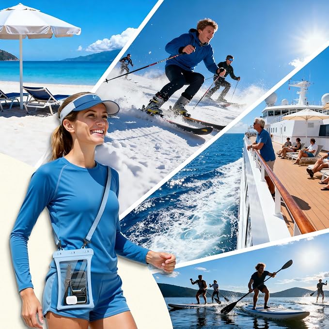 CACOE [Floatable Floating Universal IPX8 Waterproof Phone case 2 Pack-Up to 10.0",Adjustable Lanyard Phone Pouch,Dry Bags for Vacation Beach Pool Kayak Cruise Travel Essentials(White+Light Blue)