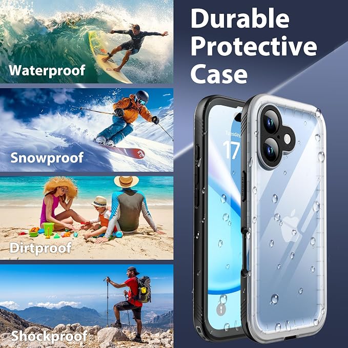 SPORTLINK for iPhone 16 Waterproof Phone Case - Built in Screen & Camera Lens Protector,6.6FT Military Dropproof/Shockproof/Dustproof/IP68 Underwater for iPhone 16 6.1 inch Black/Frosted Clear