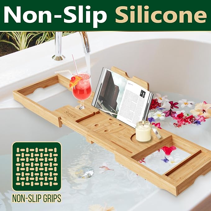 SereneLife Premium Bathtub Tray Caddy with Gift Box and Bow Set, Expandable Bath Tray, Unique House Warming Gifts for Mom, Women, Wedding, Anniversary, Bridal Shower, Fit for All Tub - Classic
