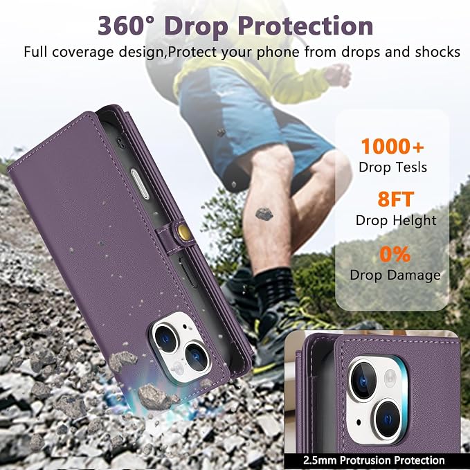 Wallet Case for iPhone 15 with Card Holder/Crossbody Wallet/Strap| RFID Blocking | Magnetic | Kickstand | Detachable | PU Leather Phone Case for iPhone 15,6.1 in,Purple