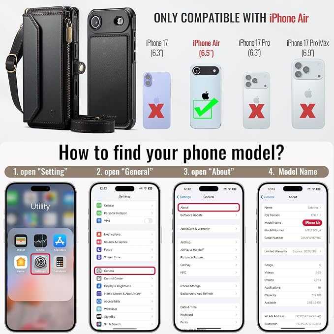 Strapurs for iPhone Air Detachable Wallet Case Compatible with Magsafe for Women, RFID Blocking 9-Card Holder Zipper Strap Lanyard PU Leather Magnetic Phone Case for iPhone 17 Air 6.5", Black