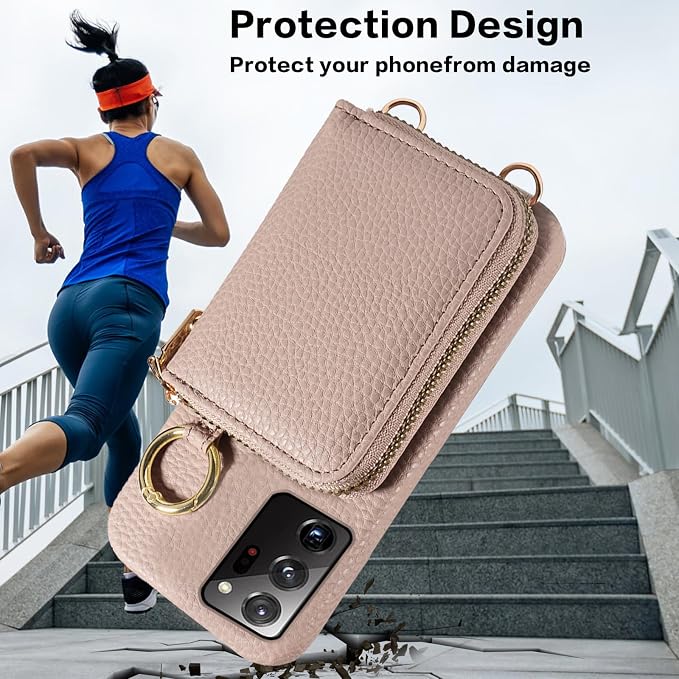 Wallet Case for Samsung Galaxy Note 20 Ultra 5G, Shoulder Strap Ring Buckle, Zipper Flip Organ Purse, Card Holder Phone Cover for Note20 Plus Notes 20Ultra Note20+ U + 20+ Twenty Not S20 Khaki