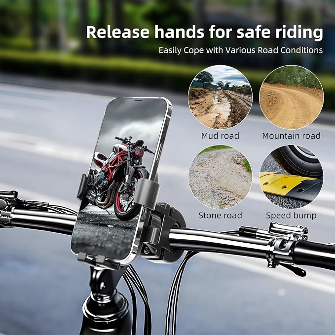 Motorcycle Phone Mount,Bike Phone Holder, Bicycle Handlebar Cell Phone Mount Smartphone Holder Mount 360° Adjustable One Hand Operation, Bike Accessories Handlebar Phone Clip Holder, 94001
