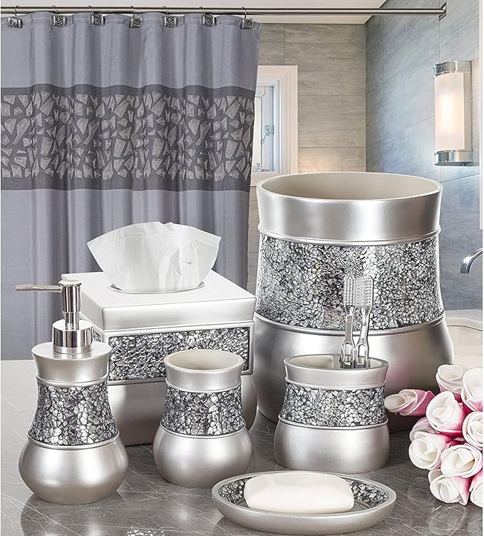 Creative Scents Crackled Glass Toilet Brush with Holder - Silver Toilet Bowl Cleaner Brush and Holder - Good Grip, Deep Cleaning, Decorative Design Compact Toilet Bowl Scrubber