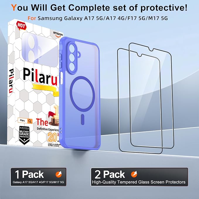 Compatible for Samsung Galaxy A17 5G Phone Case: A17 Case with 2PC Tempered Glass Screen Protector, Wireless Charging Matte Translucent Soft-Touch & Full Body Shockproof para Case Galaxy A17,Sky Blue