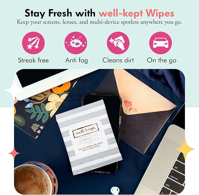 Well-Kept Tech & Lens Wipes - Eyeglass, Screen & Phone Cleaning, Multi-Surface, Lint-Free, Pre Moistened, Streak-Free & Non Scratching - Hamptons, 6 Pack (90 Count)
