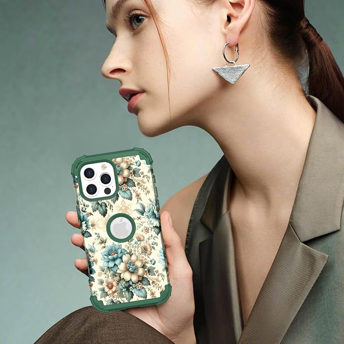 Hocase for iPhone 16 Pro Max Case, Heavy Duty Shockproof Protection Soft Silicone Rubber+Hard Plastic Bumpers Hybrid Protective Case for iPhone 16 Pro Max 2024 - Teal Blue Flowers