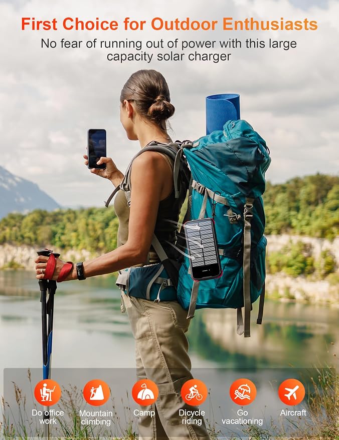 Solar Charger Power Bank, PD 20W Fast Charging External Batter, 40000mAh Portable Phone Charger Built in 4 Cables with Dual Bright Flashlights for Camping, Hiking, and Outdoor Use(RED)