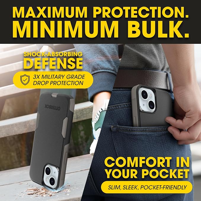 OtterBox iPhone 16e, 15, 14, & 13 Commuter Series Case - Slim & Tough, Pocket-Friendly, with Port Protection - Black/Grey
