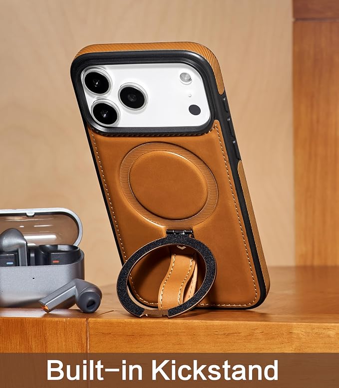 for iPhone 17 Pro Max Leather Case with Stand, Anti-Slip Grip Ring, Fits for MagSafe (Brown, iPhone 17 Pro Max)