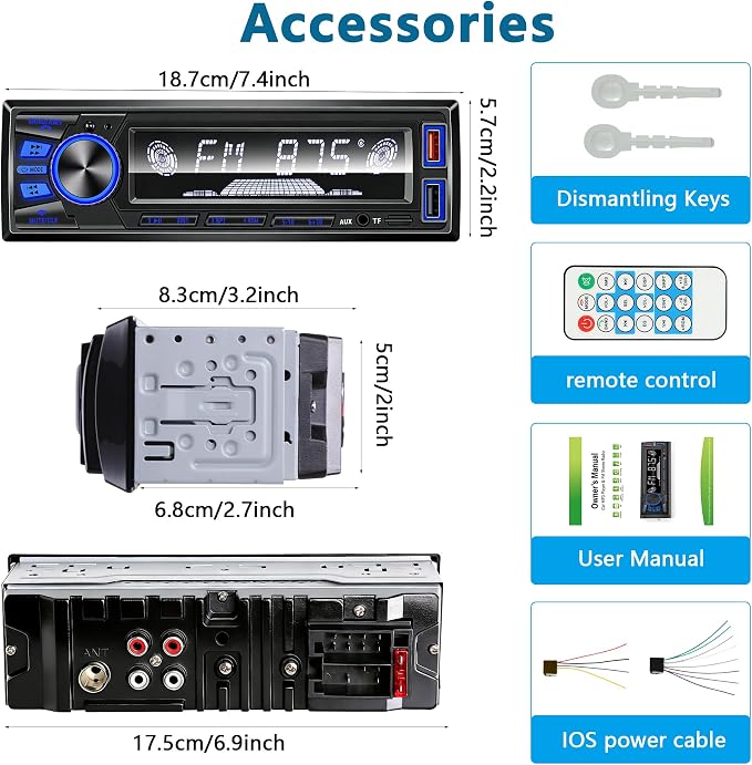 Car Radio Bluetooth Single DIN Car Stereo Audio,Car Audio with Push to Talk Button for Handsfree Calling,Supports FM/ MP3/EQ/SD/AUX,Dual USB,iOS & Android App Control,7 LED Colors | Not CD Player
