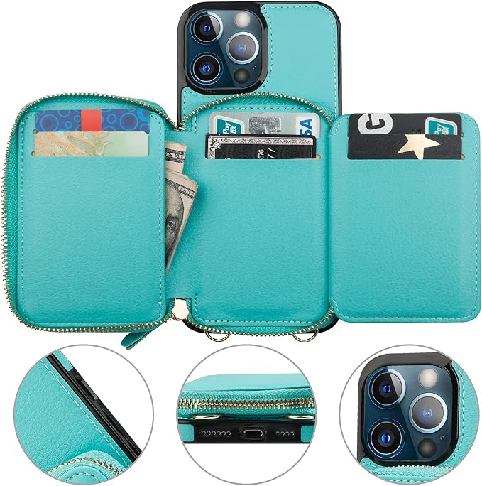 Bocasal RFID Blocking Wallet Case for iPhone 13 Pro Max, Adjustable Crossbody Zipper Purse Case Card Holder with Kickstand Detachable Wrist Strap, PU Leather Flip Folio Case 6.7 Inch 5G (Mint Green)