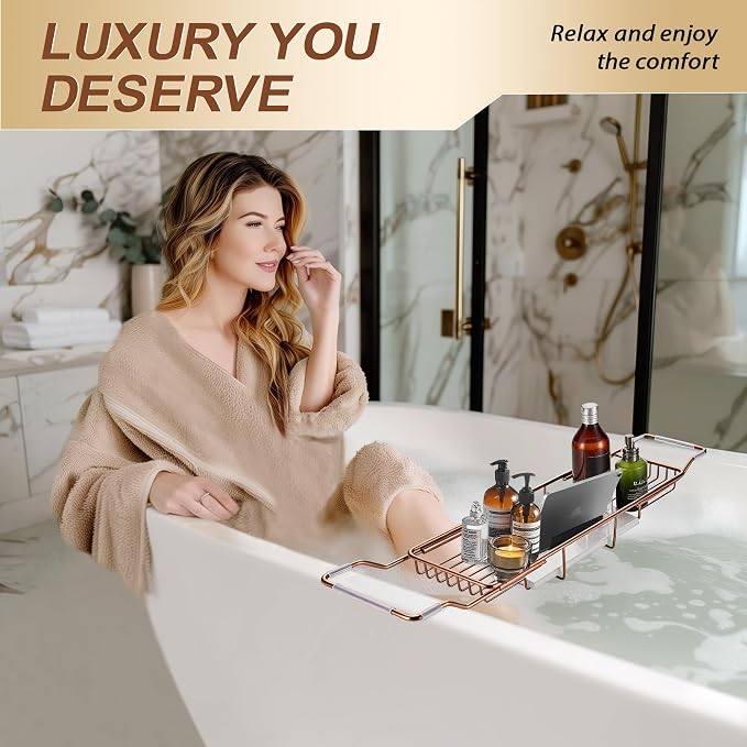 BVL Bathtub Tray Stainless Steel with Marble Base Rose Gold Bathtub Tray with White Marble Base Adjustable & Rustproof Bath Caddy for Spa, Relaxation, Bath Bombs