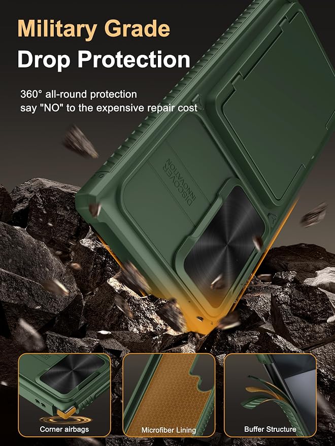 Vihibii for Samsung Galaxy S23 Ultra Case with Card Holder (4 Cards), Built-in 2X Tempered Glass Screen Protector & Slide Camera Cover & Kickstand, Rugged & Shockproof Phone Case for S23 Ultra, Green