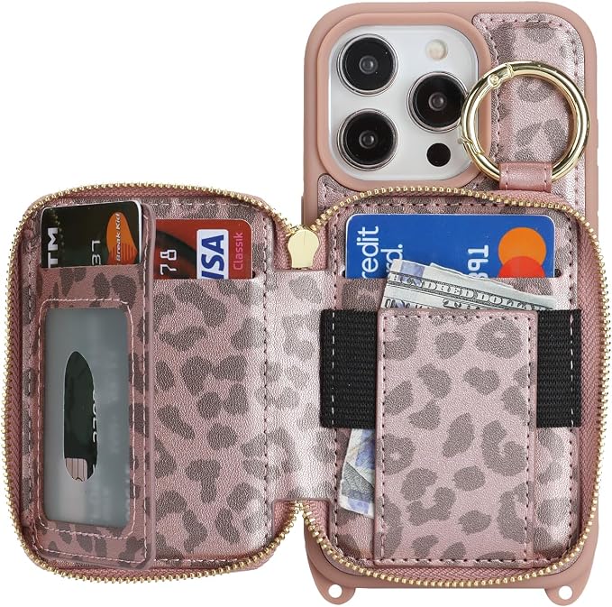 Crossbody Wallet Case for iPhone 14 pro, PU Leather Zipper Handbag Purse Flip Cover, Kickstand Folio Case with Card Slots Holder Wrist Strap Lanyard 5G 6.1 Inch-Pink Leopard