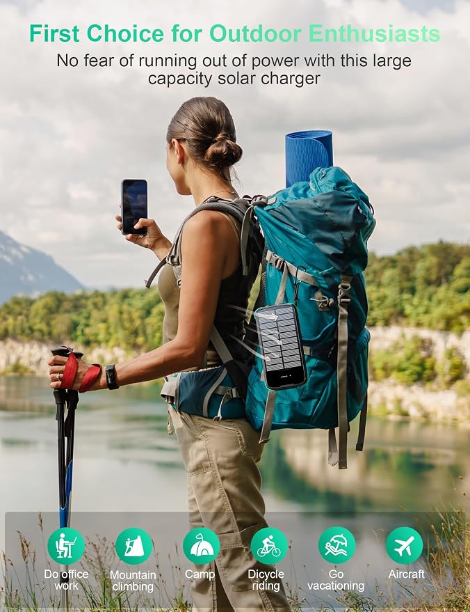 Solar Charger Power Bank, PD 20W Fast Charging External Batter, 40000mAh Portable Phone Charger Built in 4 Cables with Dual Bright Flashlights for Camping, Hiking, and Outdoor Use(Green)