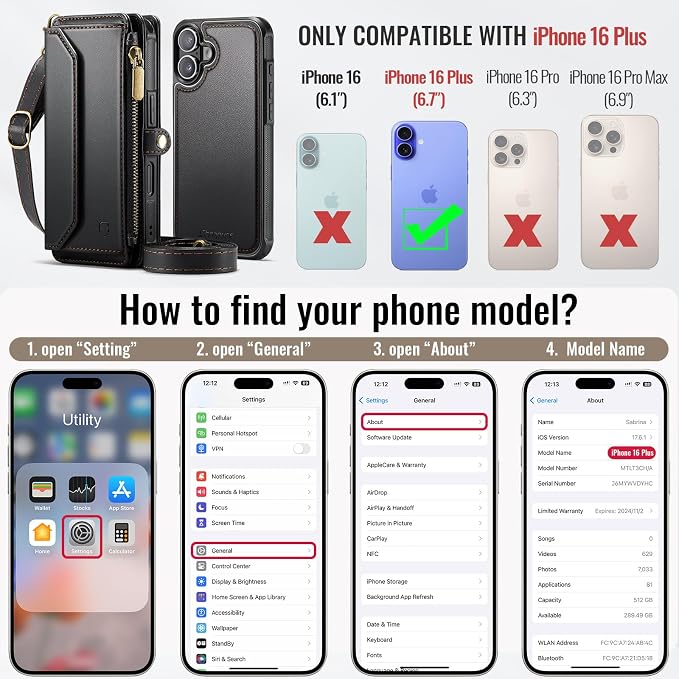 Strapurs for iPhone 16 Plus Detachable Wallet Case Compatible with Magsafe, RFID Blocking 9-Card Holder Zipper Wrist Strap Lanyard PU Leather Magnetic Phone Case for iPhone 16 Plus 6.7", Black