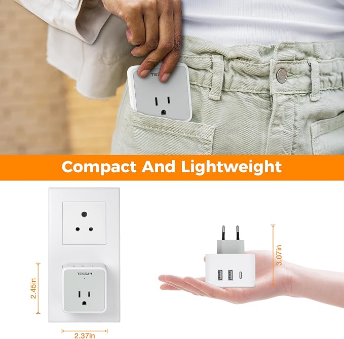 TESSAN European UK India Travel Plug Adapter Kit | International Detachable, 3 Outlet 3 USB (1 USB C), Type C/G/D EU Power Adaptor