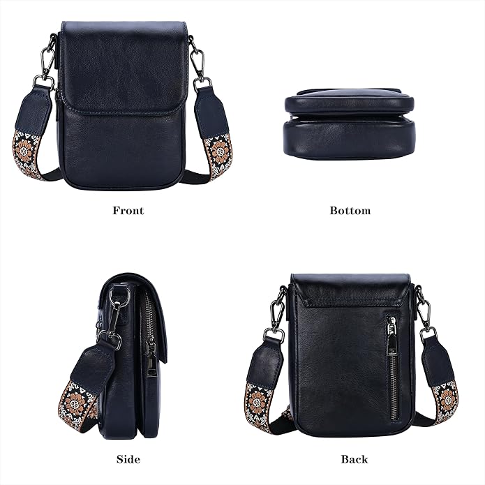 HESHE Leather Small Crossbody Bags for Women RFID Blocking Cell Phone Purse Anti-Theft Travel Bag with wide Straps