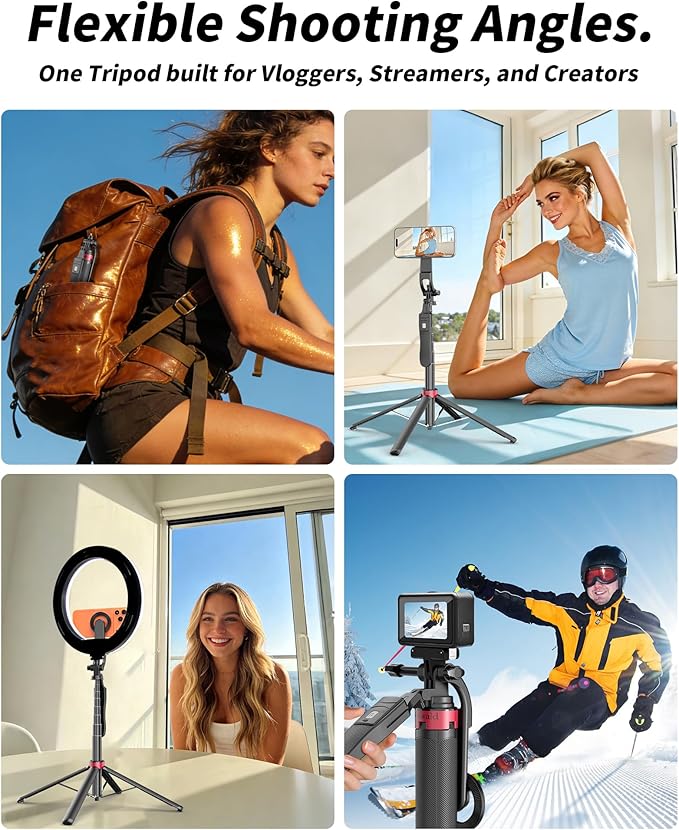 Magnetic Phone Tripod & Selfie Stick, 66.9" Adjustable Height, Strong Magnetic Mount, One-Button Unlock Tripod Design, Bluetooth Remote, Flexible Angles for Vlogging & Content Creation