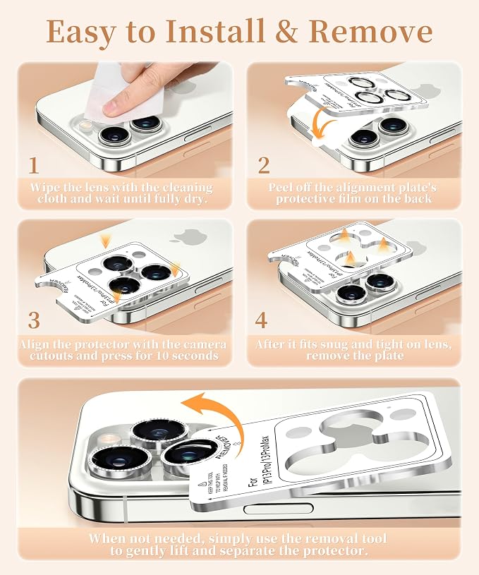 GolbinBox Camera Lens Protector for iPhone 13 Pro/13 Pro Max, 1:1 Invisible Fit, 9H Tempered Glass Ultra HD Metal Individual Camera Cover for Women, Case Friendly, Bling/Silver
