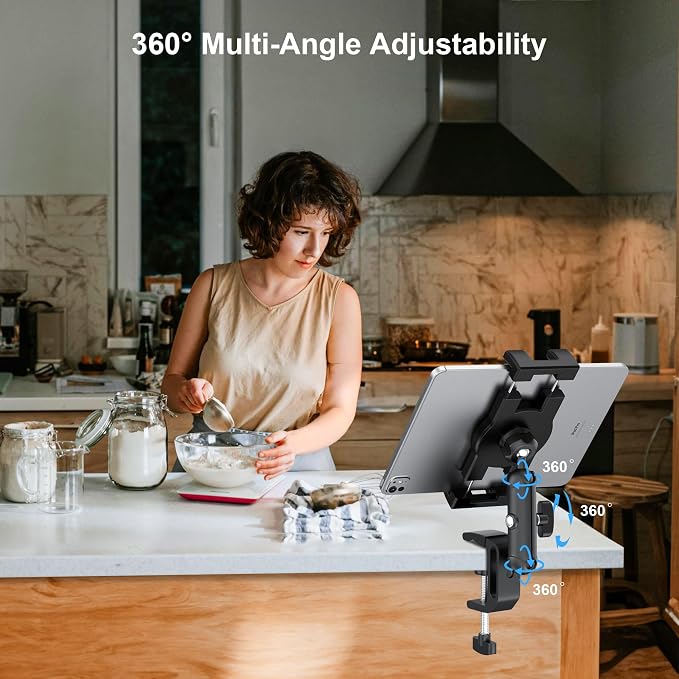 iPad Under Cabinet Mount, Kitchen Tablet Mount Holder, iPad Desk Mount w/Clamp, Aluminum Base&Metal Arm, 360° Rotation, Compatible with 4.7"-12.9" iPad Pro/Air/Mini/Kindles/Galaxy Tab/Phones