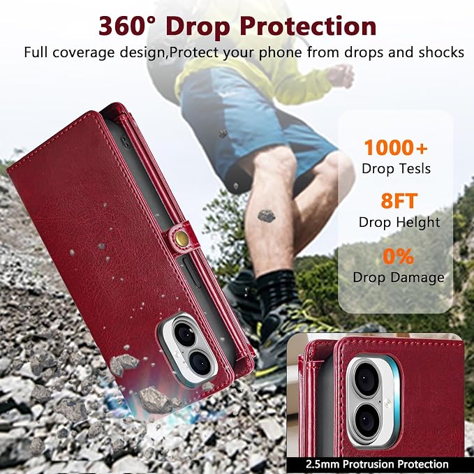 Wallet Case for iPhone 16 with Card Holder/Crossbody Wallet/Strap| RFID Blocking | Magnetic | Kickstand | Detachable | PU Leather Phone Case for iPhone 16,6.1 in,Wine Red