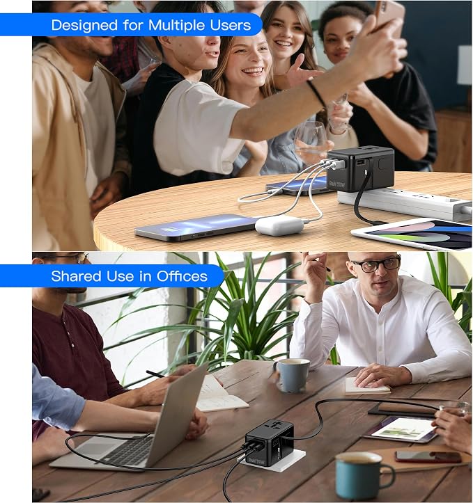 JMFONE 70W GaN Universal Travel Adapter, Retractable USB-C Cable + 4 USB-Port + 2500W AC Outlet, International Power Adapter with US EU UK AUS Plugs for 200+ Countries, Fast Charging Laptops Phones