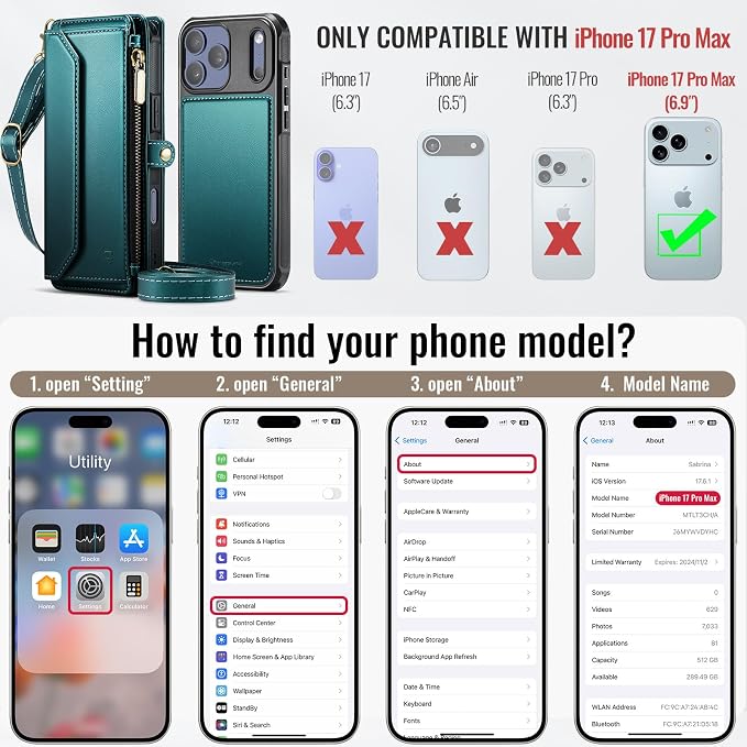 Strapurs for iPhone 17 Pro Max Detachable Wallet Case Compatible with Magsafe, RFID Blocking 9-Card Holder Zipper Strap Lanyard PU Leather Magnetic Phone Case for iPhone 17 Pro Max 6.9", Blue Green