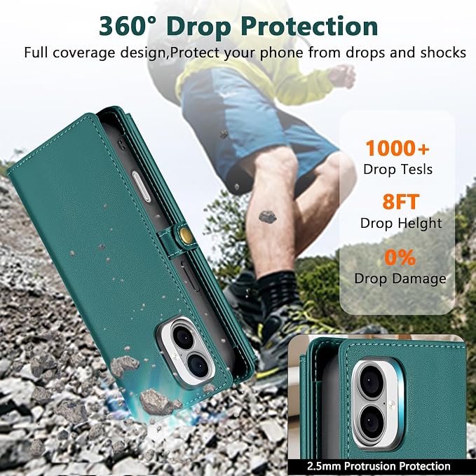 Wallet Case for iPhone 16 Plus with Card Holder/Crossbody Wallet/Strap| RFID Blocking | Magnetic | Kickstand | Detachable | PU Leather Phone Case for iPhone 16 Plus,6.7 in,Green