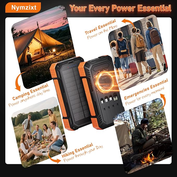 Solar Power Bank 49800mAh Portable Wireless Charger with USB-C 22.5W Fast Charging Built in 4 Cables Compatible with iPhone, iPad, Bright LED Flashlight Perfect for Camping