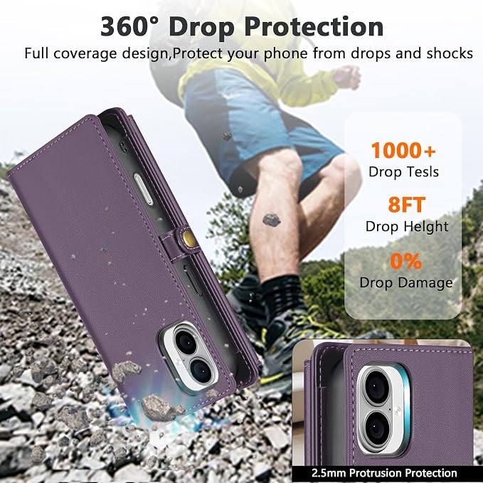 Wallet Case for iPhone 16 with Card Holder/Crossbody Wallet/Strap| RFID Blocking | Magnetic | Kickstand | Detachable | PU Leather Phone Case for iPhone 16,6.1 in,Purple