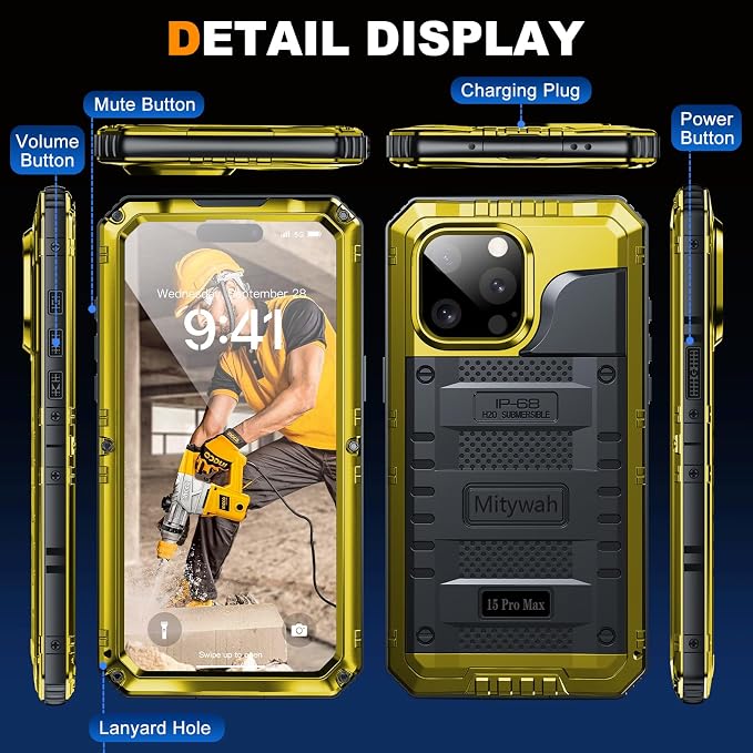 Mitywah Wateproof Case for iPhone 15 Pro Max, Military Grade Shockproof Cover for Outdoor Workers, Heavy Duty Metal Full Body Phone Case with Built-in Screen Protector, 6.7", Yellow