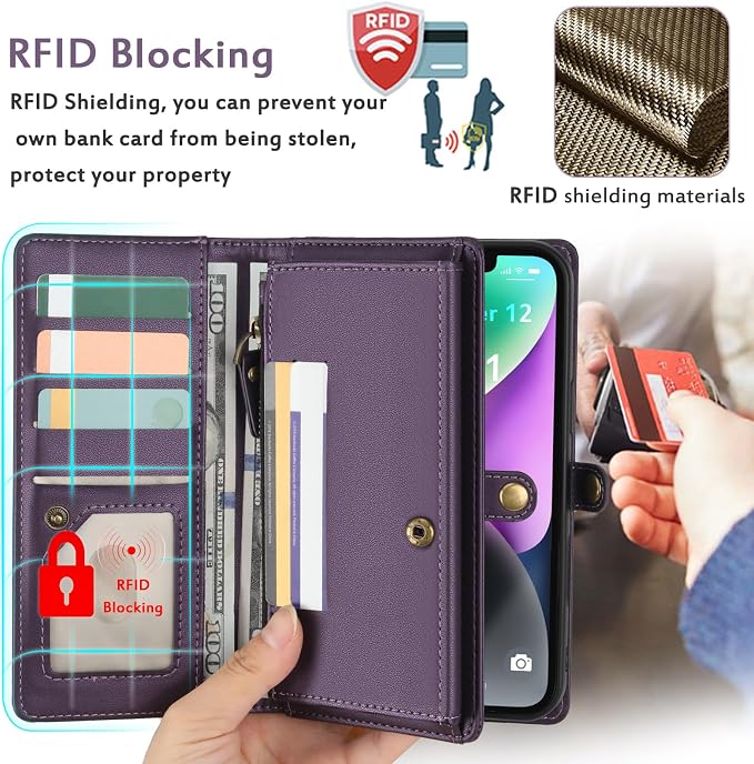 for Wallet Case Compatible with iPhone 15,Multi-Function Detachable 2 in 1 Magnetic iPhone 15 Case Wallet,Flip Strap Zipper Card Holder Phone Case with Shoulder Straps (Purple)