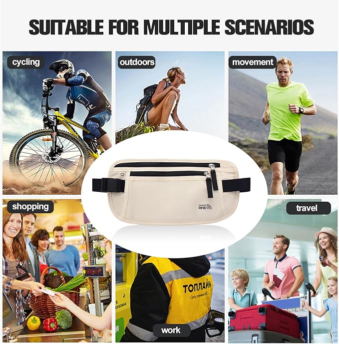 Unisex Money Belt For Men and Women, Slim Passport Holder RFID Blocking Travel Essentials Bags with Adjustable Strap Small Waist Pouch for Workout Running Travelling Hiking, Cream White