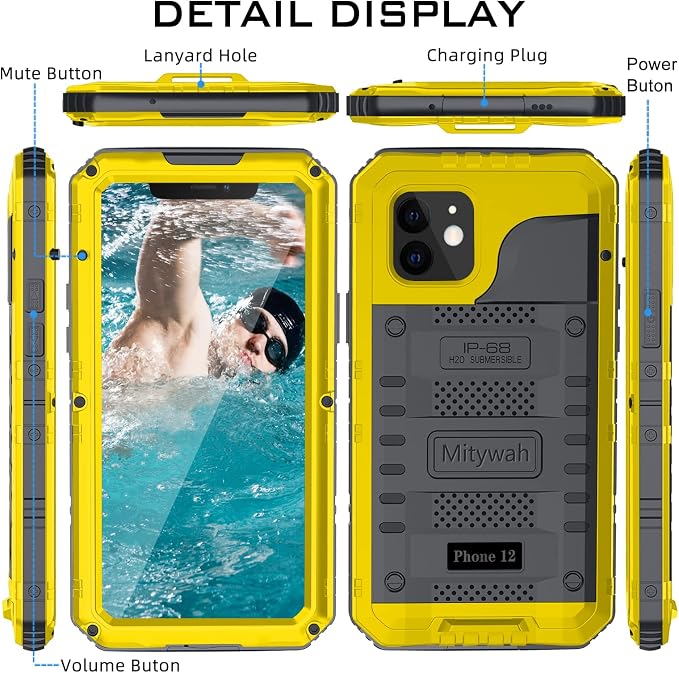 Mitywah Waterproof Case for iPhone 12, Heavy Duty Shockproof Case with Built-in Screen Protector, Full Body Underwater Protective Metal Case 6.1 inch, Yellow