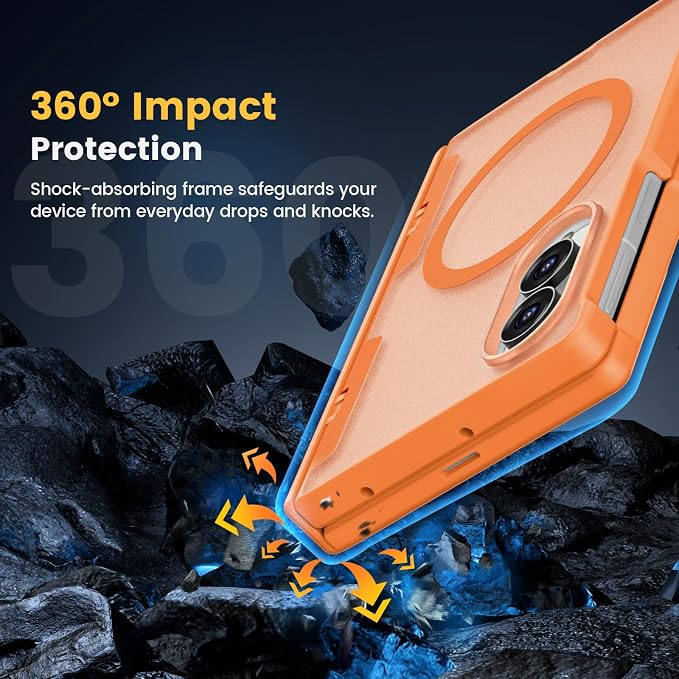 Caka Magnetic for Samsung Galaxy Z Fold 8 Case with Hinge Protection Orange | Compatible with MagSafe, Built-in Outer Screen Protector, Hinge Guard, Translucent Matte Back, 360° Hybrid Drop Defense