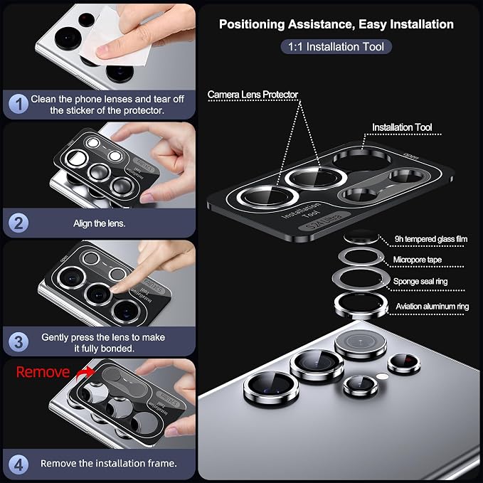WSKEN for Samsung Galaxy S24 Ultra Camera Lens Protector, Ultra Thin Scratch Resistant 9H Tempered Glass with Aluminum Metal Circle Camera Screen Protector Cover Accessories, Silver