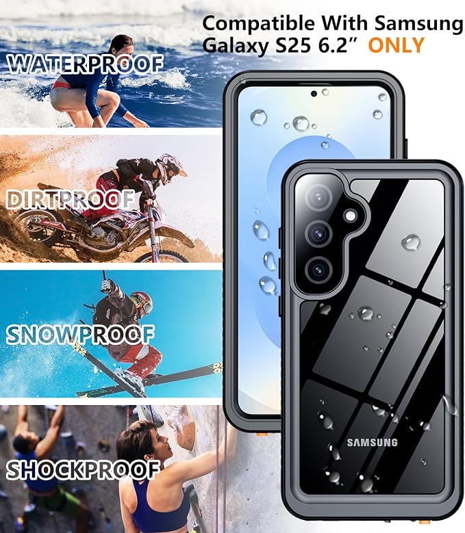 Temdan Designed for Samsung Galaxy S25 Case Waterproof, Built-in Lens & Screen Protector Military Shockproof Dropproof IP68 Underwater Full Body Phone Case for Galaxy S25 5G 6.2"-Black (2025)