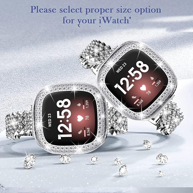 Bling Watch Band Compatible with Fitbit Versa 3/Fitbit Sense for Women, Adjustable Crystal Alloy Strap Rhinestone Stainless Steel Metal Wristband Replacement for Fitbit Sense/Versa 3 (Silver)