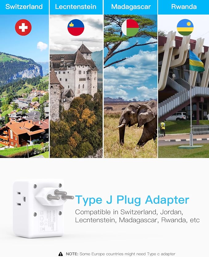 One Beat 2 Pack Switzerland Travel Plug Adapter, Type J Power Adaptor with 3 Outlets 3 USB Ports(2 USB-C), Swiss Outlet Adapter Travel Essentials for US to Switzerland, Rwanda, Liechtenstein