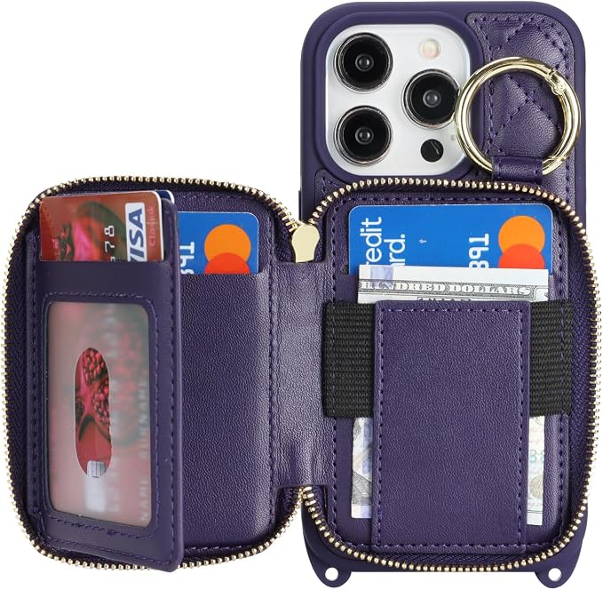 Crossbody Wallet Case for iPhone 14 Pro, PU Leather Zipper Handbag Purse Flip Cover, Kickstand Folio Case with Card Slots Holder Wrist Strap Lanyard 5G 6.1 Inch-Purple