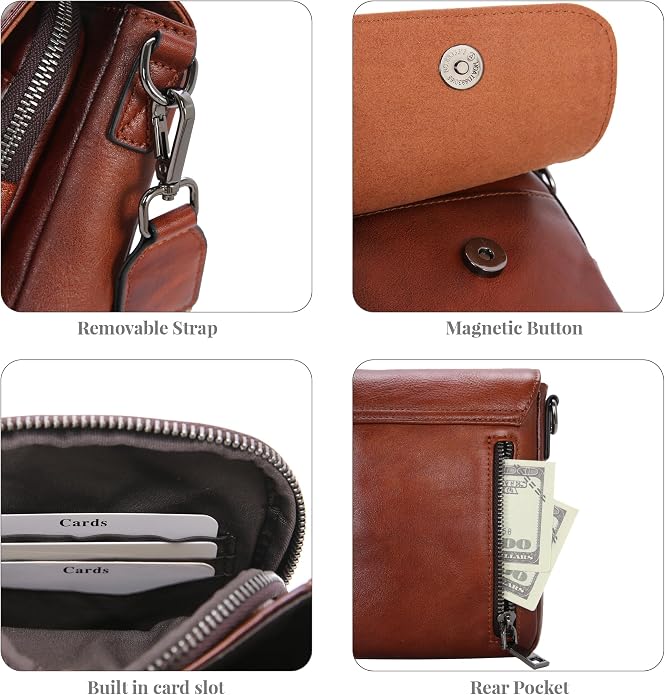 HESHE Leather Small Crossbody Bags for Women RFID Blocking Cell Phone Purse Anti-Theft Travel Bag with wide Straps