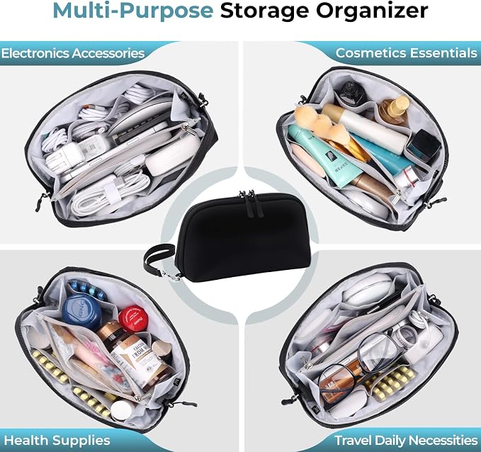 FYY Travel Cable Organizer - 8 Compartments, Lightweight, Water Repellent | With Wrist Strap, Portable Tech Pouch for Cord Charger, Travel and Business Trips Use, Soft Shell Nylon, Black (Large)