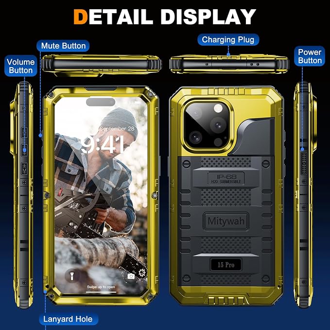 Mitywah Waterproof Case for iPhone 15 Pro, Heavy Duty Shockproof Case with Built-in Screen Protector, Full Body Underwater Protective Metal Case 6.1 inch, Yellow