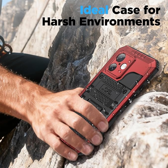 Beasyjoy for iPhone 17 Case Waterproof, Heavy Duty Metal Full Body Protection, Built-in Screen Protector, Military Grade Shockproof Dustproof Rugged Cover for iPhone 17 6.3 inch, Red