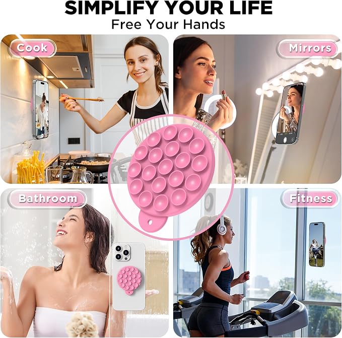 Magnetic Suction Cup Phone Mount with MagSafe, Silicone Hands-Free Grip Holder for iPhone Case and Android, Mirror Shower Phone Stand for Makeup FaceTime Gym Kitchen Bathroom, Tender Pink