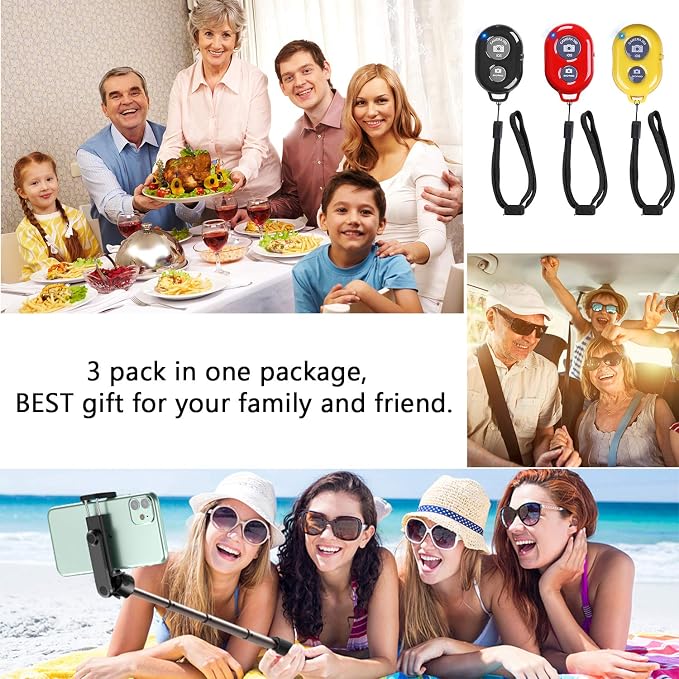 Wireless Remote Shutter for Cellphones and Tablets (3 Pack), AOQIYUE Wireless Remote for iPhone/Android Camera Control, Selfie Clicker for Photos and Videos - Wrist Strap Included